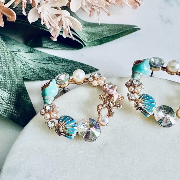 2/$30🌵 Ocean Seashell Conch Faux Pearl Mermaid Earrings Circle Starfish Shell - Picture 3 of 6